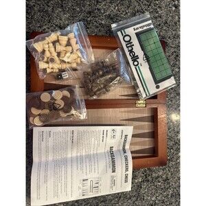 Othello Deluxe 3 In 1 Wooden Folding Chess,  Checker, Backgammon Board Game NEW